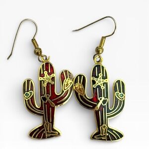 Vintage Cloisonné YUAN Enamel Cactus Dangle Earrings Southwestern‎ Desert Motif
